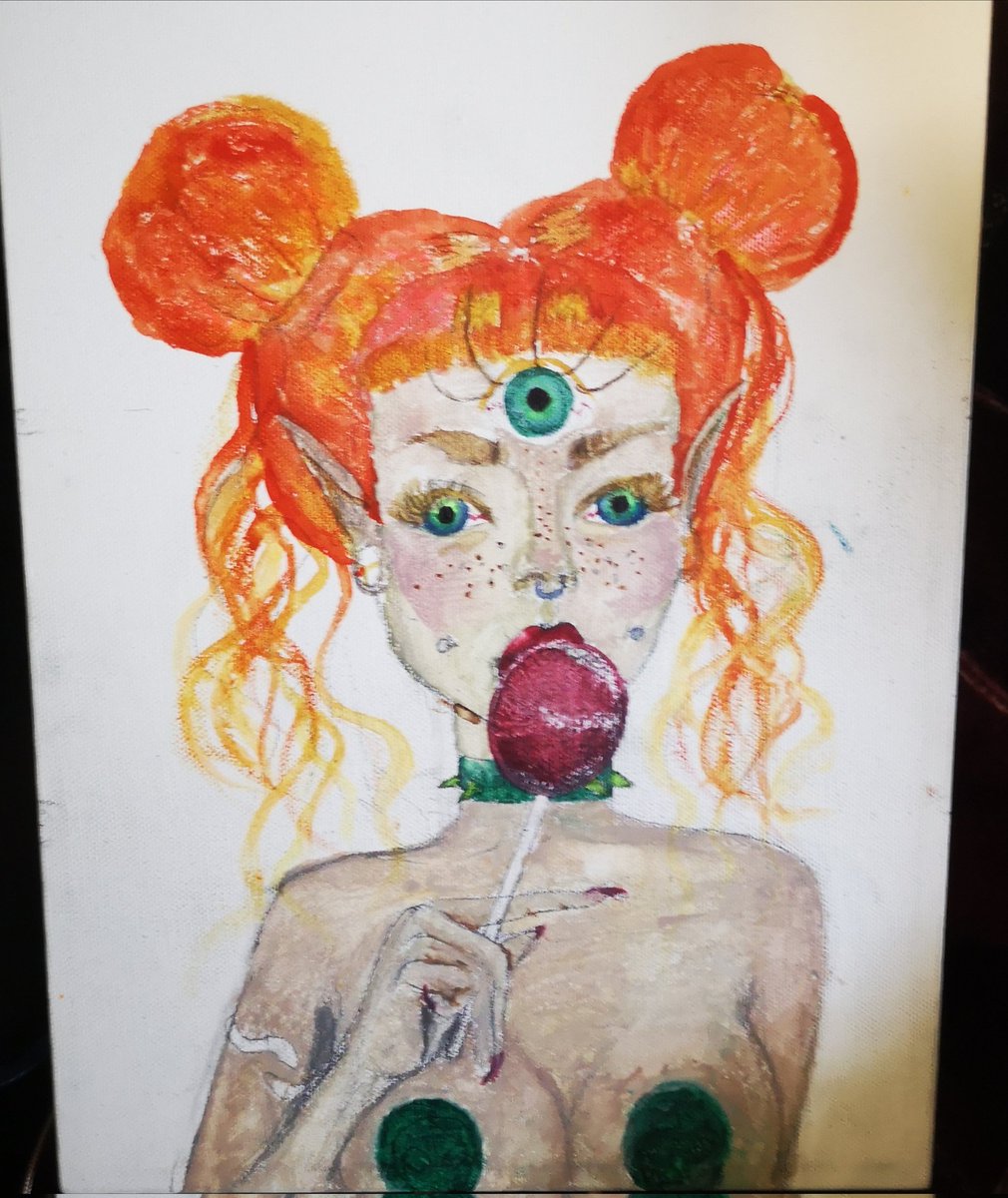 CannaQueen667's tweet photo. I was really unhappy with this last night, but it's kinda grown on me! Painting skin tone from mixing red blue yellow and white is hard! But it didn't turn out too badly! Watercolor on canvas 🧡💛❤️

#ArtistaFemininaInternacional #art #redhead #thirdeyewide https://t.co/I4RTVaGPMy
