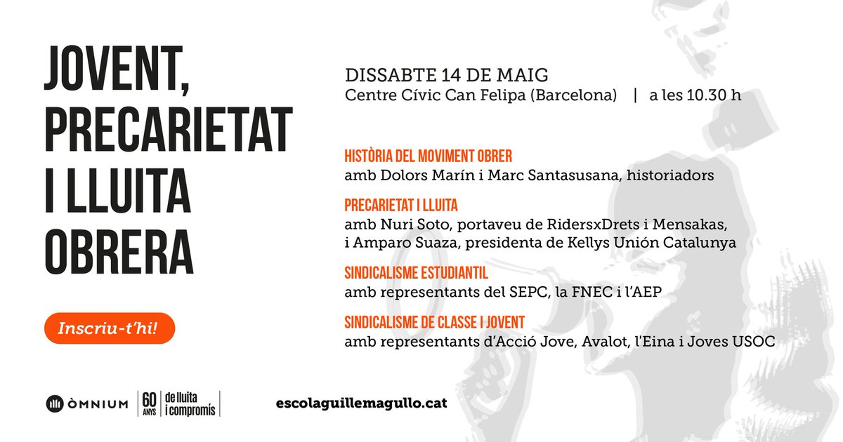 AEP_Nacional's tweet photo. 🗣Aquest dissabte ens trobareu parlant des de l'AEP sobre sindicalisme estudiantil, jovent i lluita obrera a l'#EscolaGuillemAgulló!

🗓️Dissabte 14 de maig
📍Centre Cívic Can Felipa (BCN) | 10:30h
✍️ Inscriu-t'hi! https://t.co/VwoIIL8evK https://t.co/7AHg1gMsFz