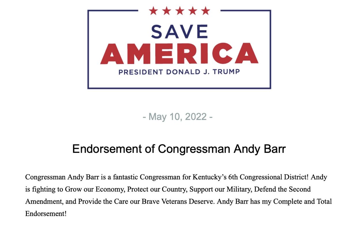 .@POTUS45 endorses @barrforcongress: 'Congressman Andy Barr is a fantastic Congressman for Kentucky’s 6th Congressional District!...Andy Barr has my Complete and Total Endorsement!' FULL STATEMENT: