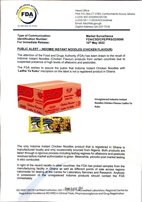 FDA issues alert on Indomie after recall in certain countries - Graphic  Online