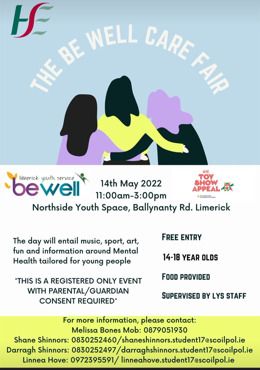 spwellbeing's tweet photo. On Saturday May 14th 2022 The BeWell Rural Youth Advisory Panel which includes three of our students, Shane Shinnors,Darragh Shinnors and Linnea Hove, are having an event in the Northside Youth Space in Ballynanty that we are calling the ‘Care Fair.’ 
#bewell @limerickyouth https://t.co/svU31bejyN
