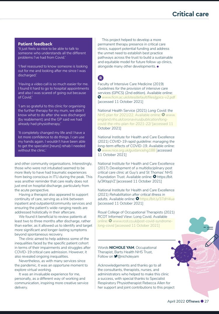 Nichole Yam (@nicholeyam) on Twitter photo Check out my article published <a href="/theRCOT/">Royal College of Occupational Therapists</a> @OTnews Apr 2022 - on my OT role in a virtual cross-site post-COVID-19 critical care follow-up clinic in London! 💚💻 <a href="/NHSBartsHealth/">Barts Health</a> <a href="/CriticalCareOT/">Critical Care Occupational Therapist</a> #COVID19 Check out my article published <a href="/theRCOT/">Royal College of Occupational Therapists</a> @OTnews Apr 2022 - on my OT role in a virtual cross-site post-COVID-19 critical care follow-up clinic in London! 💚💻 <a href="/NHSBartsHealth/">Barts Health</a> <a href="/CriticalCareOT/">Critical Care Occupational Therapist</a> #COVID19