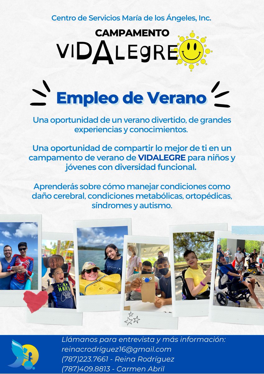 Servicio, Empleo de Verano 
Centro de Servicios María de los Ángeles, Inc.
Contacto: Reina Rodríguez  - reinacrodriguez16@gmail.com
                 787-223-7661