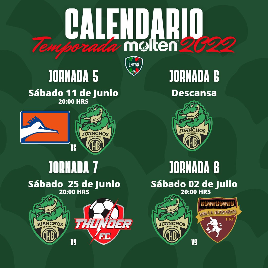 JuanchosCB's tweet photo. CALENDARIO🗓️

Te dejamos nuestro calendario de la Temporada Molten 2022 en la @LNFBPro Liga Nacional de Fútbol Bardas Profesional .🔥⚽

Anota las fechas de nuestros partidos y apoya a tus Juanchos☝️.

#ElMásQuerido🐊 https://t.co/6yM1CXKyKS