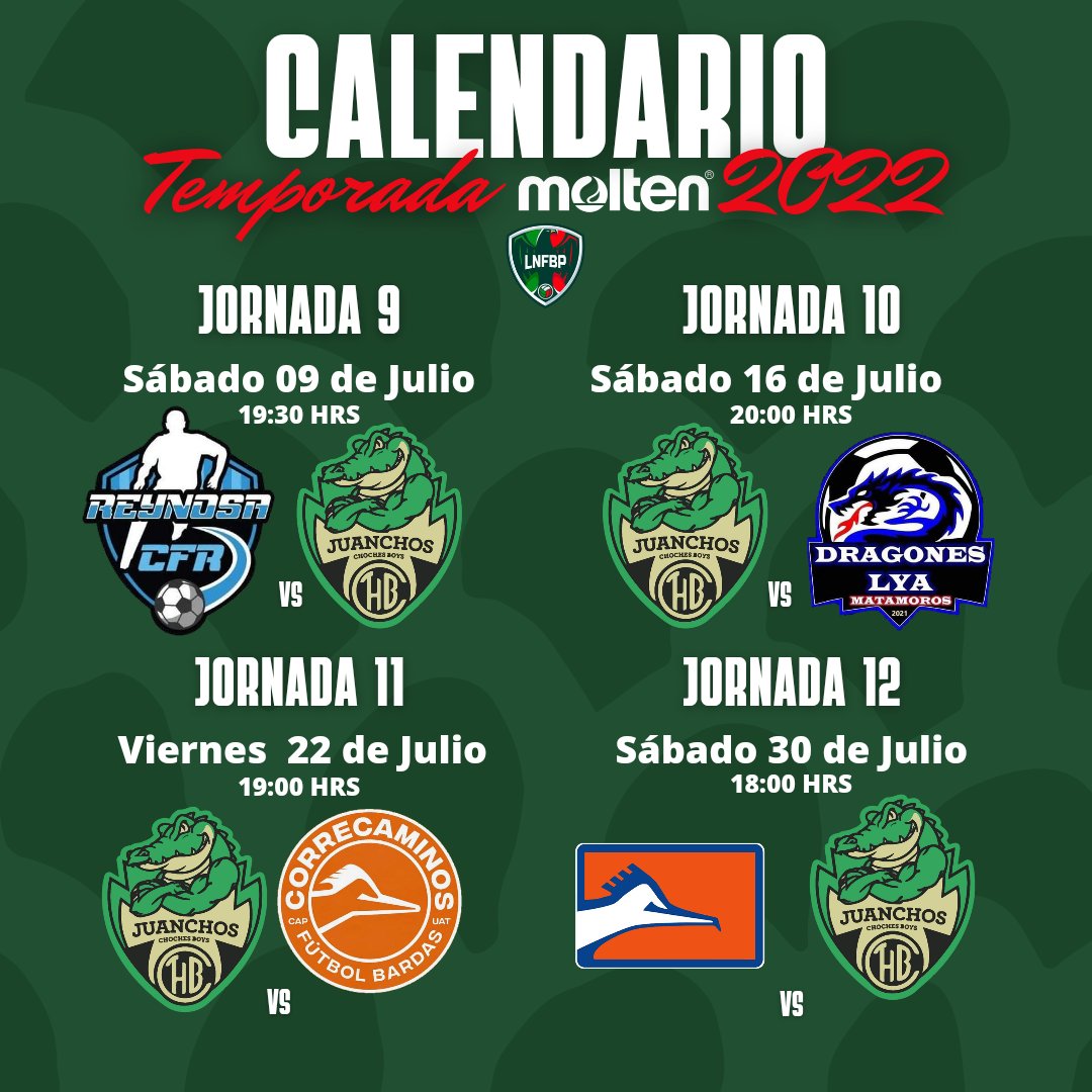 JuanchosCB's tweet photo. CALENDARIO🗓️

Te dejamos nuestro calendario de la Temporada Molten 2022 en la @LNFBPro Liga Nacional de Fútbol Bardas Profesional .🔥⚽

Anota las fechas de nuestros partidos y apoya a tus Juanchos☝️.

#ElMásQuerido🐊 https://t.co/6yM1CXKyKS