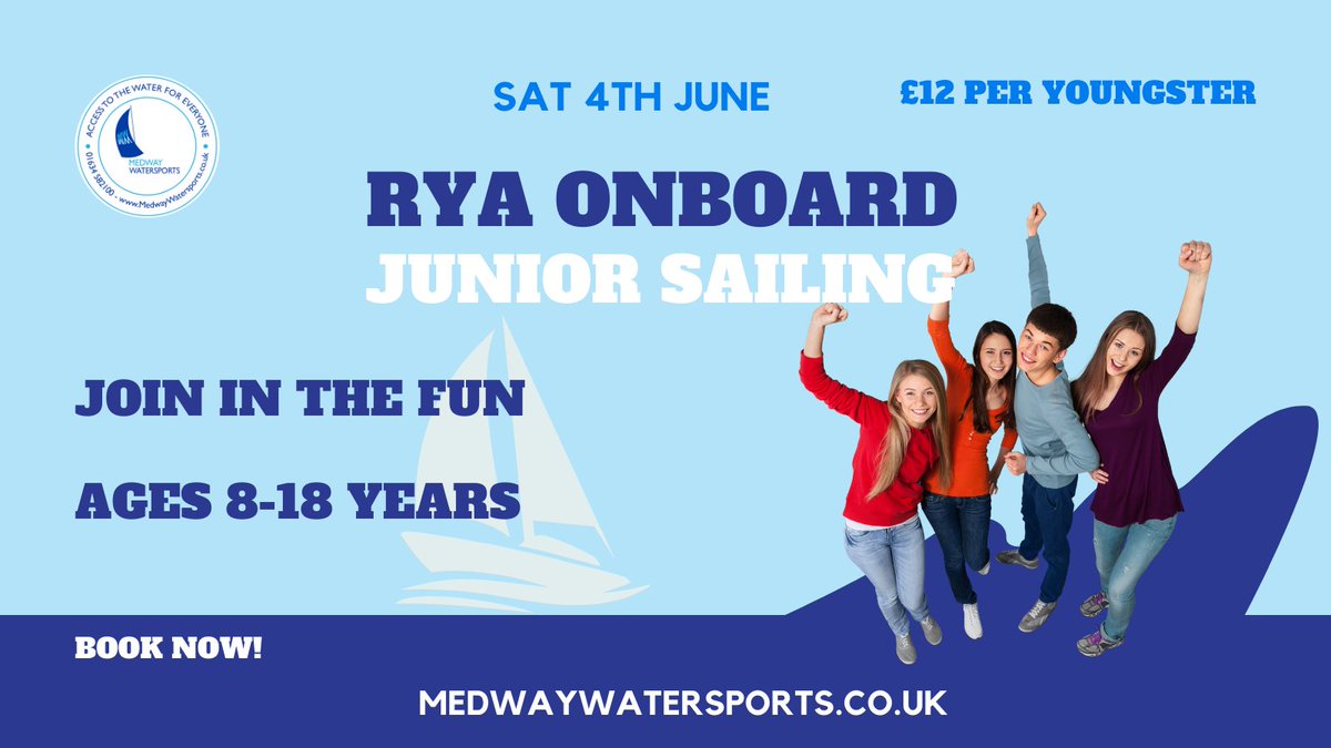 SailMedway's tweet photo. Book for Sat 4th June our RYA Onboard Junior Sailing for youngsters 8 to 18 years.   RYA OnBoard Sailing offers youngsters the opportunity to try sailing in a safe, fun and structured environment. Book now https://t.co/5x1IOBjOyi #medwaywatersports #medway #watersports https://t.co/XvGISShw3I
