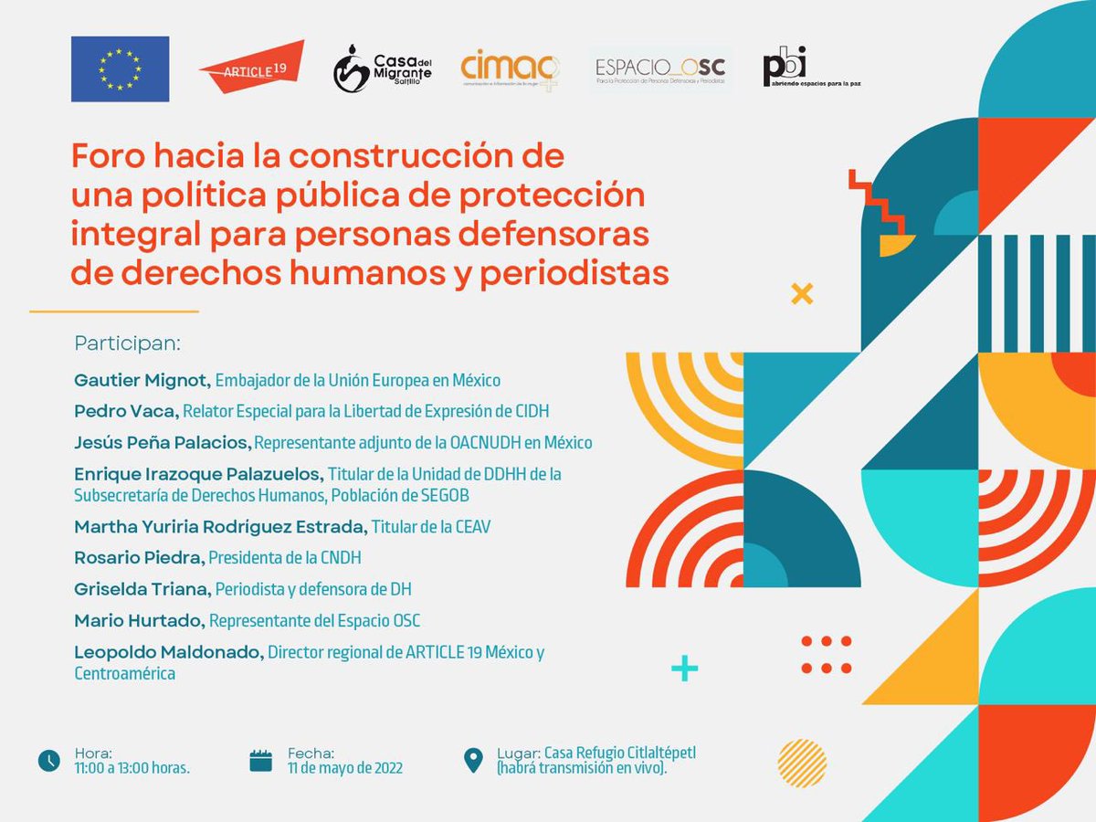 #SaveTheDate🚨¿Qué clase de política necesitamos para enfrentar la violencia sistemática que sufren personas defensoras y periodistas en México? ¿Cómo revertir la situación de alto riesgo que experimenta la prensa y quienes defienden #DDHH? 

Acompáñanos mañana en este diálogo 👇🏿