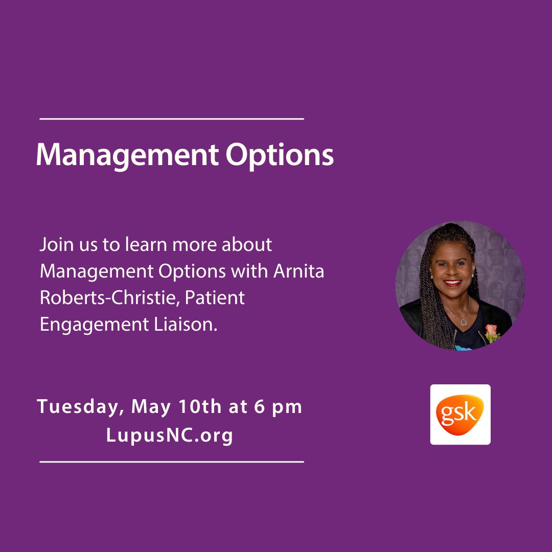 LupusNC's tweet photo. Make sure to register for tonight's Management Options webinar at 6:00 p.m. with Arnita Roberts-Christie, Patient Engagement Liaison. Register now: https://t.co/9m2fcuktu6

#LFANC #Lupus #LupusThriver #managementoptions #lupusstrong #lupuswarrior #LAM https://t.co/IM8GVvo2Sl