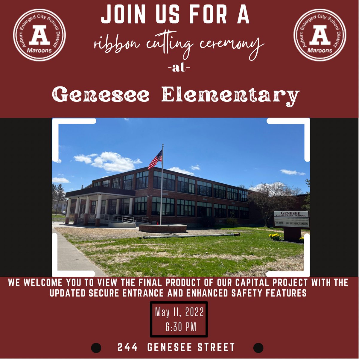 AuburnECSD's tweet photo. Join us on Wednesday, May 11 at 6:30pm @auburn_genesee for a ribbon cutting ceremony showcasing the completion of the updated secure entrances and enhanced safety features. There will be brief tours and cookies! All are welcome! #GESpride #AECSDpride https://t.co/Gbp4asLErg