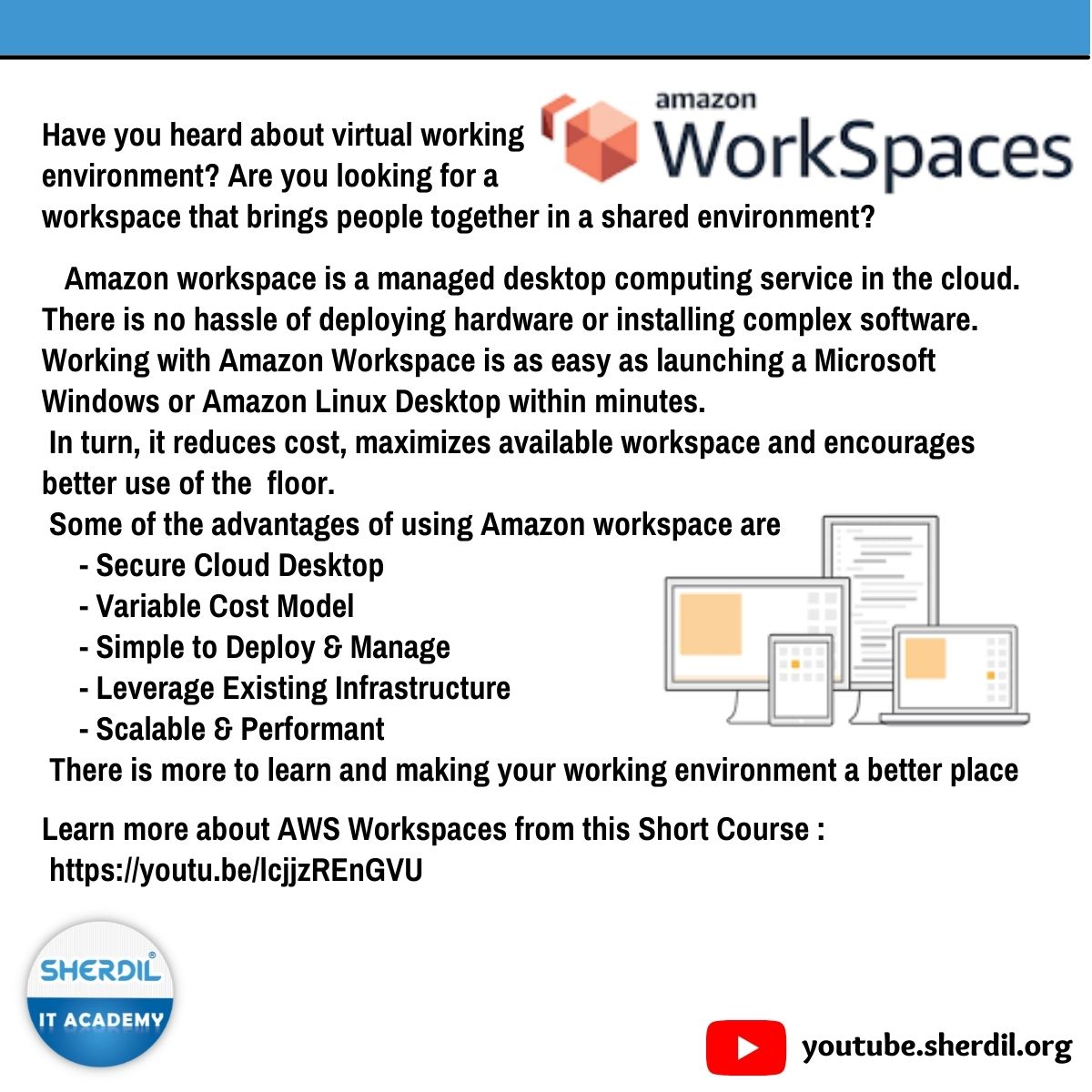 Sherdilitacade1's tweet photo. Learn more about AWS Workspaces from our Short Course video:
https://t.co/7IjzzrwaGk
For more informative videos & free courses subscribe to our YouTube Channel: https://t.co/pqPktXfXdW
website https://t.co/J5EY8QSlH3
#sherdilitacademy #youtube #aws #workspace #amazonworkspace https://t.co/JAyZ8mEOw4