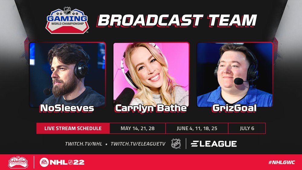 NHLPR's tweet photo. CHEL Intel keeps you up to date on the 2022 @NHL Gaming World Championship. https://t.co/M8AD7bBVlm

This week includes HUT Draft facts, an up to date schedule/bracket as well as an introduction to the #NHLGWC broadcast team:

@NoSleevesGaming
@CarrlynBathe 
@GrizGoal https://t.co/tXHSlUyYqA