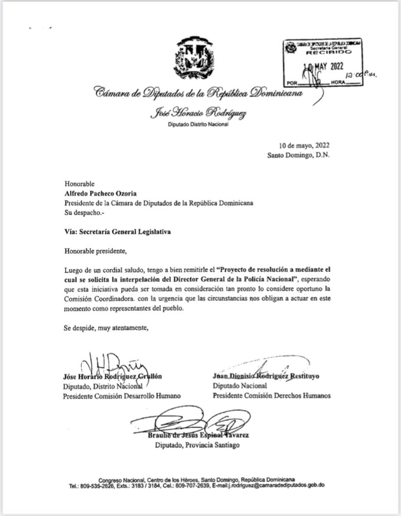 JoseHoracioR's tweet photo. Esta mañana junto a los diputados Juan Dionicio Rodríguez y Braulio Espinal sometimos ante la Cámara de Diputados un proyecto de resolución para interpelar al Director General de la Policía Nacional a fin de que pueda ofrecer explicación por los hechos que han consternado al país https://t.co/J0kDqwUIW1