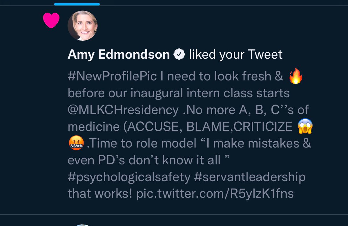 MedEdFanatic's tweet photo. This day is 🔥The G.O.A.T @AmyCEdmondson liked my tweet 😀Every talk I give about #psychologicalsafety to residents/med students is inspired by her. Now I just need a re tweet & then I can retire 😆😂 #patientsafety #InfluentialThinker #FearlessOrganization #servantleadership https://t.co/sEtKz5Za37
