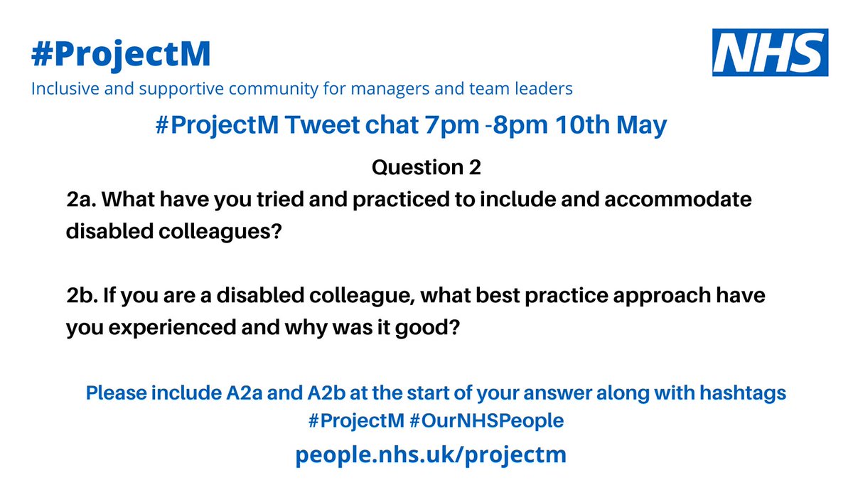 NHSLeadership's tweet photo. QUESTION 2.
Q2a. What have you tried and practiced to include and accommodate disabled colleagues?
Q2b. If you are a disabled colleague, what best practice approach have you experienced and why was it good? https://t.co/MIlu8oztaO