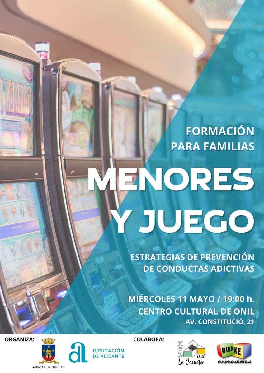 Jose_Jose_Gil's tweet photo. Mañana por la tarde estaré en Onil (Alicante) dando la charla:"Menores y Juego".
Entrada libre, os espero. https://t.co/Gaarv3J9K6