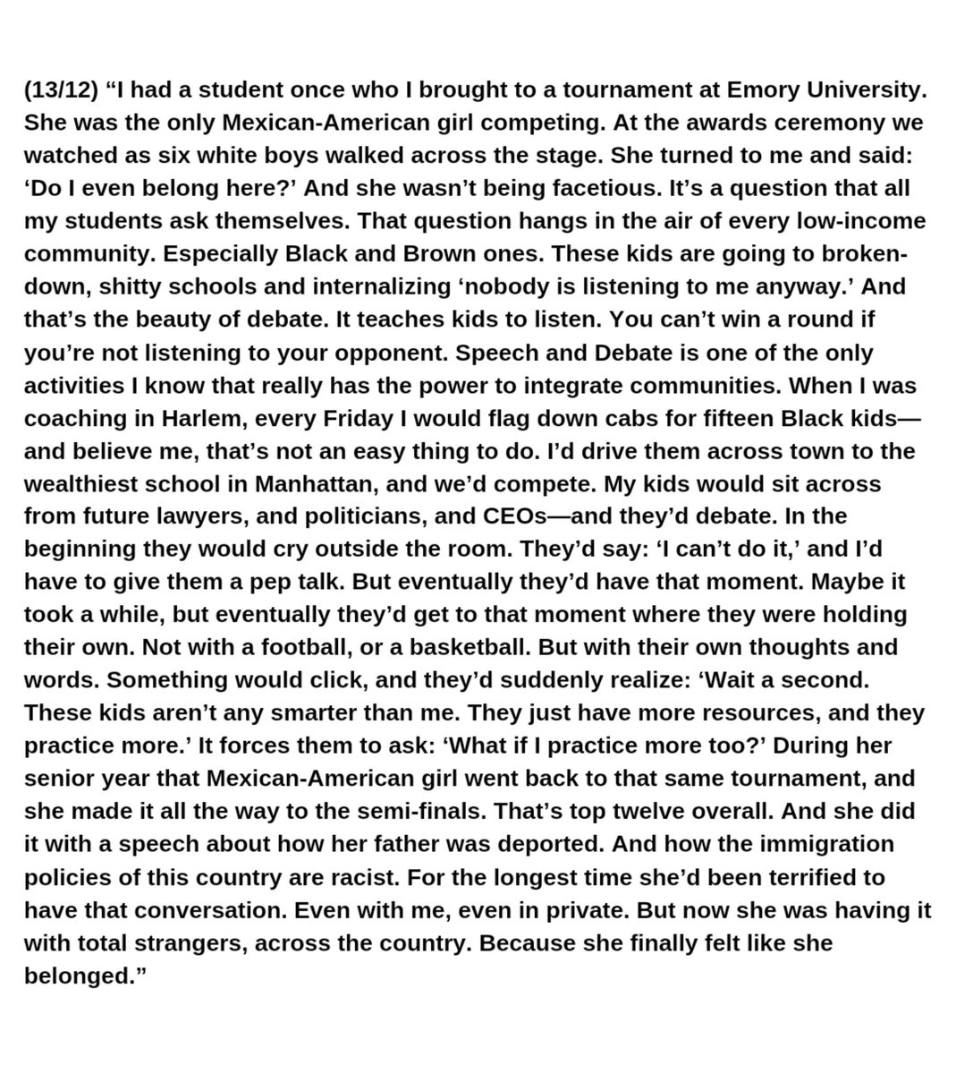 humansofny's tweet photo. (13/12) “I had a student once who I brought to a tournament at Emory University. She was the only Mexican-American girl competing. At the awards ceremony we watched as six white boys walked across the stage. She turned to me and said: ‘Do I even belong here?...'" https://t.co/7I1o5hSWLe