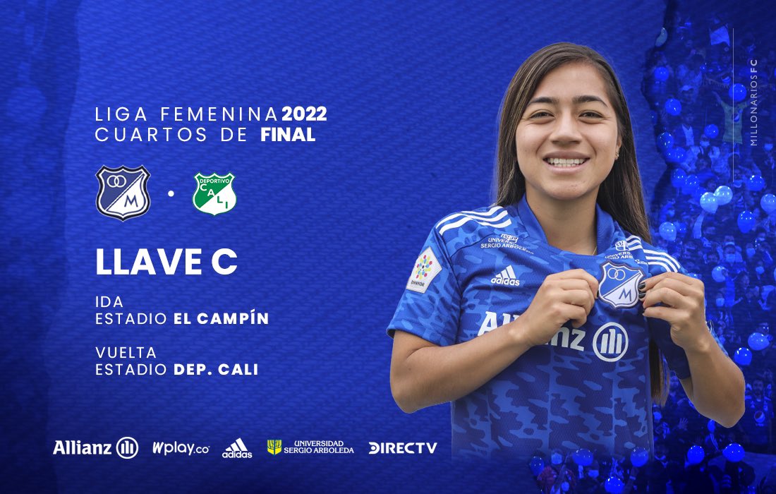 ¡Tenemos rival para los Cuartos de Final de la Liga Femenina 2022! ⚽️💙🔝 Nos enfrentaremos al Deportivo Cali, el juego de ida será en El Campín y el de vuelta en Palmaseca. ¡VAMOS EMBAJADORAS!