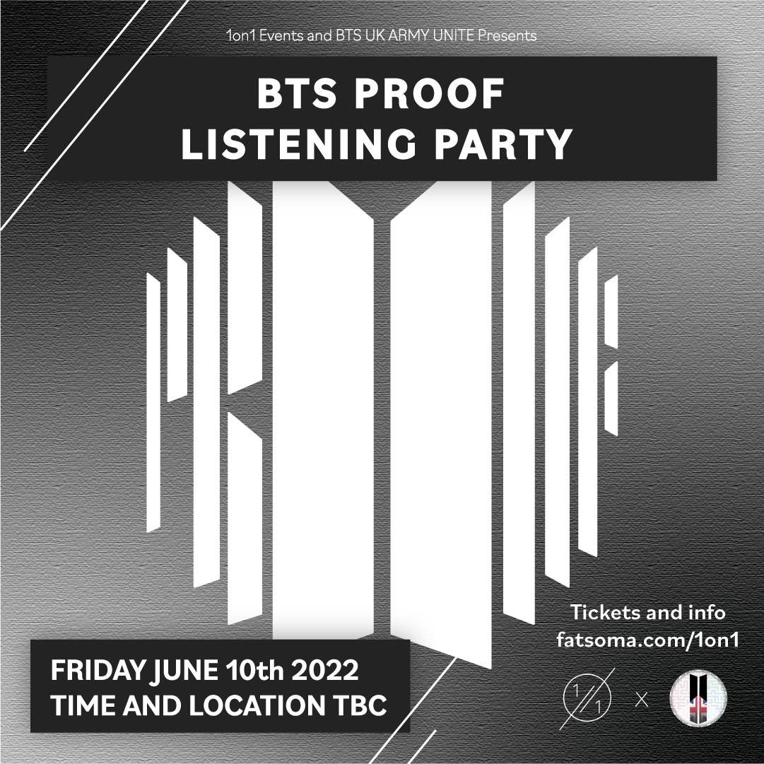 1on1_events's tweet photo. 🔥 Event Announcement 🔥

BTS PROOF - ALBUM LISTENING PARTY!

From 'Born Singer' to 'For Youth', join us and listen to the entire full album back-to-back!

📆 10 June 2022
⏰/📌 TBC (LONDON)

See you soon ARMY! 💜 https://t.co/6EEGTw46TO