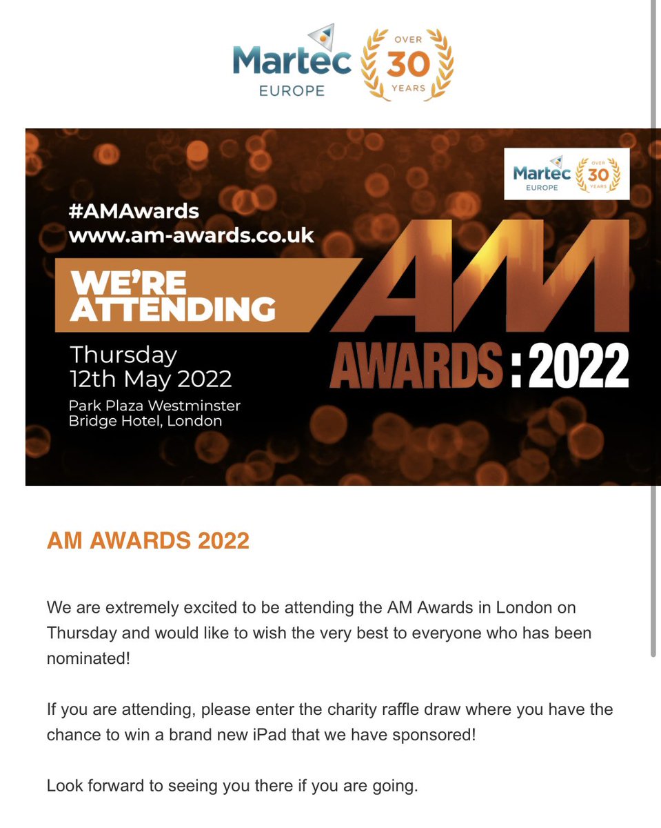 craig_redford's tweet photo. We’re looking forward to this Thursday’s @AMchatter #AMchatter #automotive #motor #retail #Awards in #London at the @ParkPlazaHotels Westminster. Enter the #charity @BenSupport4Auto raffle, we’re sponsoring an iPad @martec_europe https://t.co/jhxF0DoESb