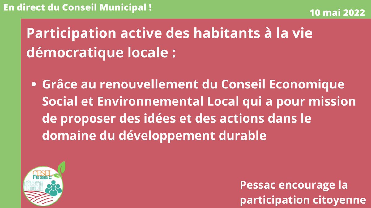 👥️️ Nous lançons un appel à candidature pour renouveler le Conseil Economique Social et Environnemental Local dont le tirage au sort aura lieu le 15/06/22
#conseilmunicipal #pessac