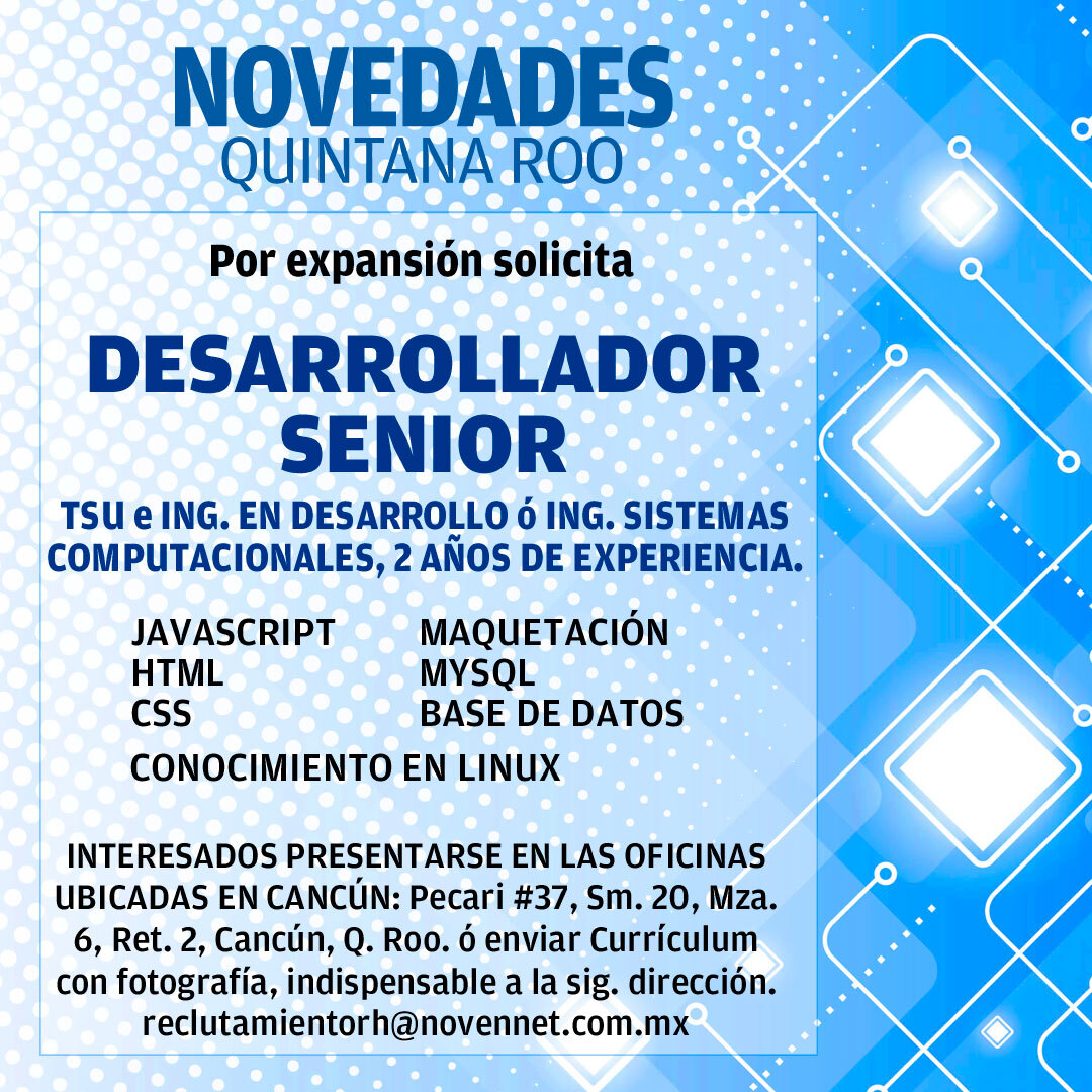 novedadesqroo's tweet photo. ¡Llegó el momento! 😎
Si estás buscando empleo y vives en Cancún: 

Novedades de Quintana Roo solicita un Desarrollador Senior 💻
No pierdas tiempo y mándanos tu CV al correo: 
reclutamientorh@novenet.com.mx

📌 No pierdas la oportunidad de pertenecer a esta gran familia. https://t.co/GDYP4G3Hje