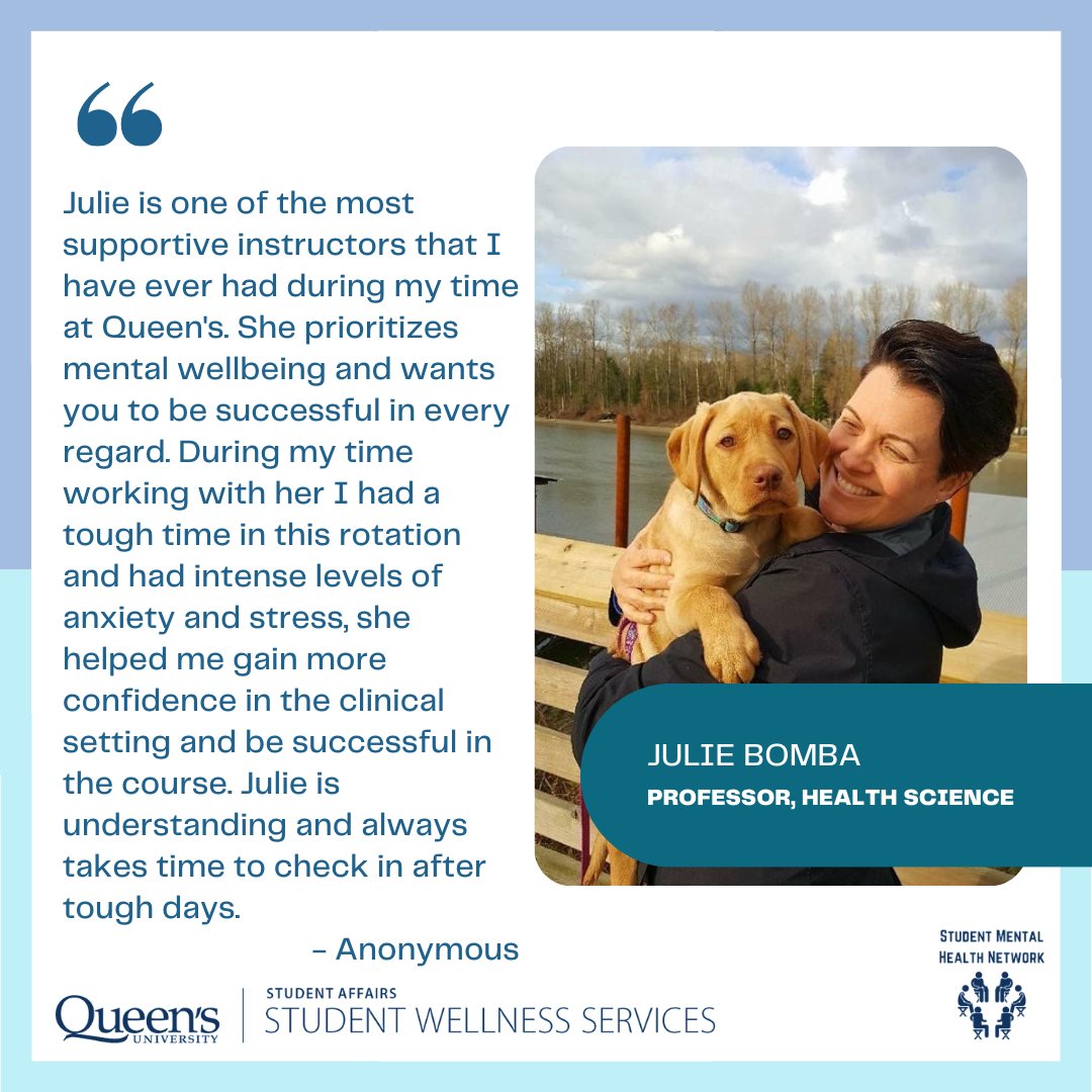 Champion for Mental Health, Julie Bomba, Health Sciences. Thank you for all that you do to support student mental health and wellbeing. Click the link in the bio to hear what this Queen's community member has to say about student mental health. #studentmentalhealth #queensu