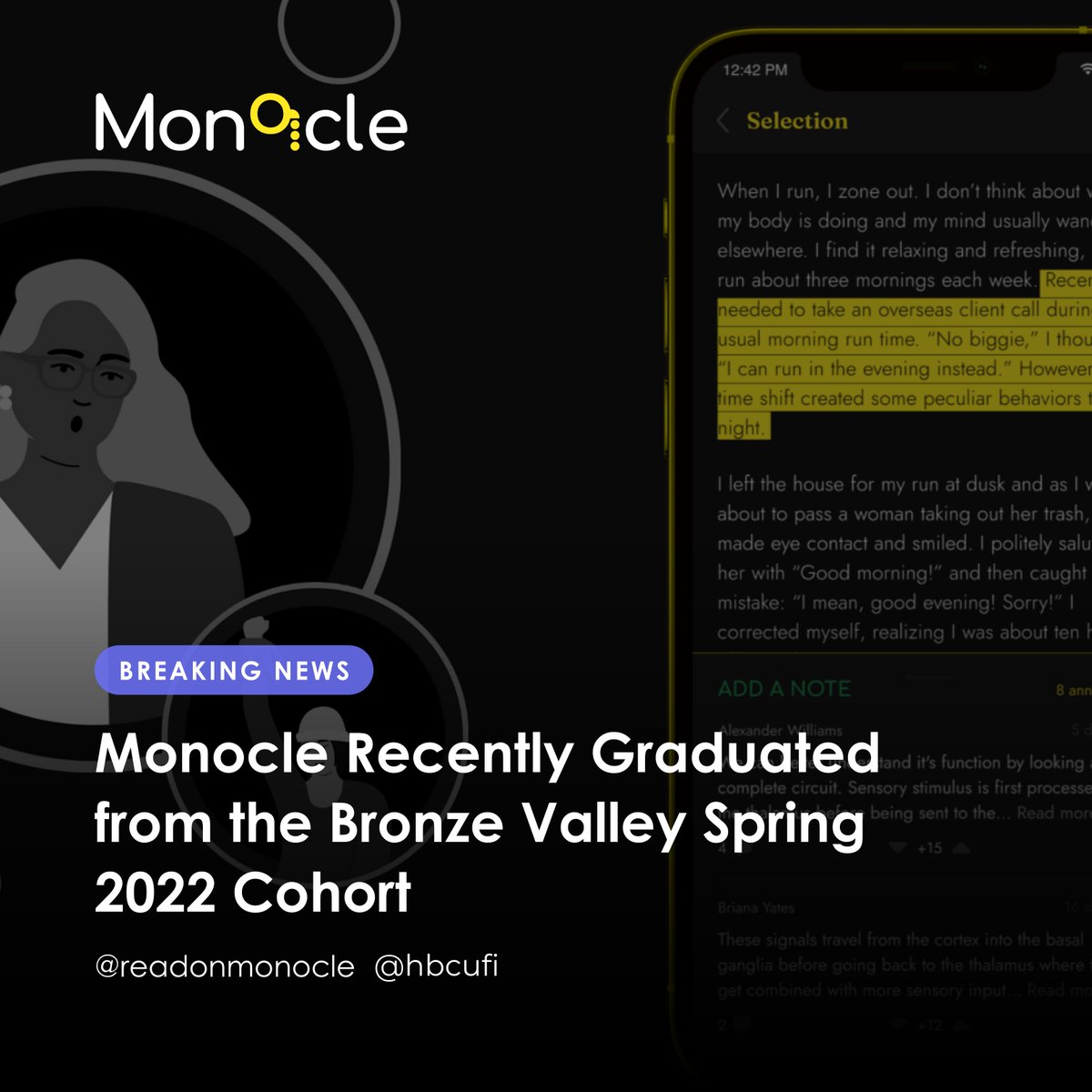 hbcufi's tweet photo. 🌟Founder Spotlight 🌟  

@readonmonocle, a collaborative e-reader designed to organically connect the global community of readers through shared perspectives, recently graduated from the Bronze Valley Spring 2022 cohort. https://t.co/SABpIlb2jh