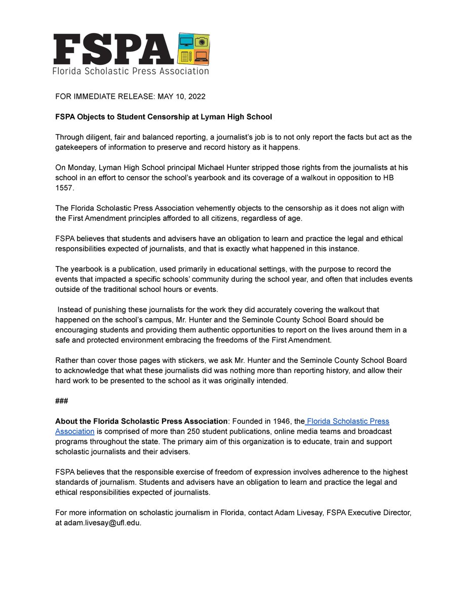 FSPA objects to Student Censorship at Lyman High School.