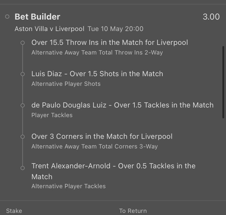 BetBuilder_'s tweet photo. Aston Villa v Liverpool
2/1 &amp; 19/2 🔒 

Liverpool corners:11, 6, 13, 9, 9

Liverpool Throw ins: 19, 16, 29, 21, 26

Diaz Shots:5, 4, 4, 5, 2, 4, 0, 2, 5

Douglas Luiz tackles(top 10):4, 2, 0, 3, 2, 4, 1, 5

Trent tackles: 4, 0, 4, 2, 2, 4, 3, 1, 2

Good Luck 👊 https://t.co/Ah0Smtimwx