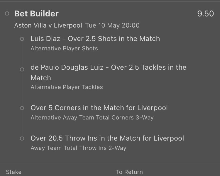 BetBuilder_'s tweet photo. Aston Villa v Liverpool
2/1 &amp; 19/2 🔒 

Liverpool corners:11, 6, 13, 9, 9

Liverpool Throw ins: 19, 16, 29, 21, 26

Diaz Shots:5, 4, 4, 5, 2, 4, 0, 2, 5

Douglas Luiz tackles(top 10):4, 2, 0, 3, 2, 4, 1, 5

Trent tackles: 4, 0, 4, 2, 2, 4, 3, 1, 2

Good Luck 👊 https://t.co/Ah0Smtimwx