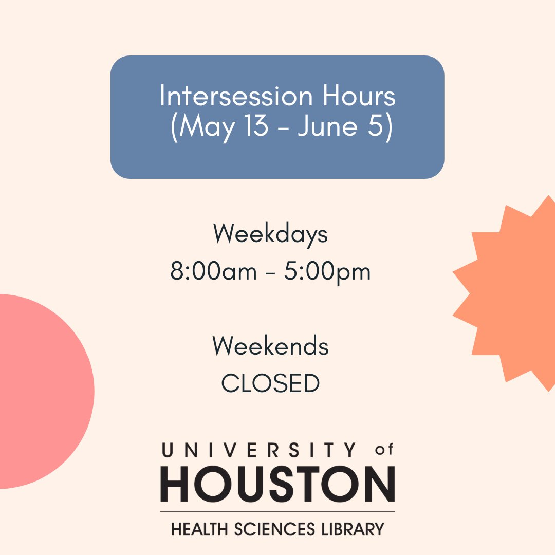 UHoustonHSLib's tweet photo. Intersession hours begin on Friday, May 13!

The Health Sciences Library will be open Monday through Friday from 8:00AM - 5:00PM, and closed on weekends through June 5.

Check open/close times for all University of Houston Libraries before you arrive at https://t.co/XTzZsa2BHl https://t.co/GH3HxL8dvS