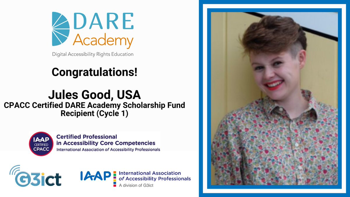 G3ict's tweet image. Congratulations to our #DAREAcademy Scholarship Fund (Cycle 1) Recipient, @JulesGood1009, for successful completion of @IAAPOrg's #CPACC Certification! Jules is founder &amp;amp; CEO at @NeighborhoodAc3. Learn more bit.ly/3nDiGqk