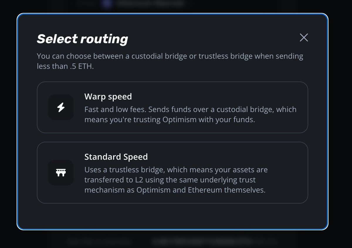 Optimism's tweet photo. Many early OP users will remember Teleportr, created by the one and only @0x_clem.

We thought it was an amazing tool which made a good cost/trust trade-off for small-value transactions, so we decided to bring it in-house.

Thus, Warp Speed was born. 💫 https://t.co/JJQ303gGl7