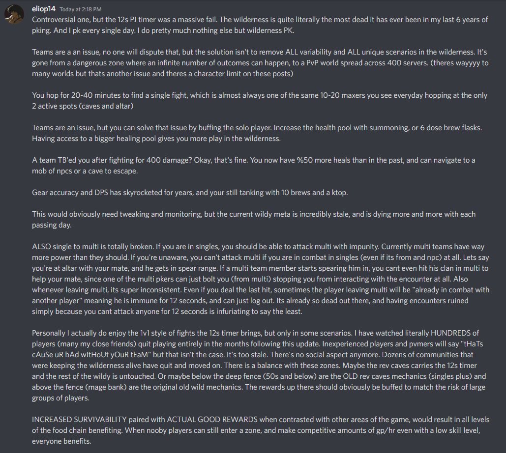 THE PVP FEEDBACK DISCORD KEEPS SAYING THIS POST HAS BANNED WORDS AND IVE BEEN PROOFREADING IT FOR HOURS I CBA. READ IF U WANT. 

MAKE THE WILDERNESS GREAT AGAIN.

ELIOP OUT