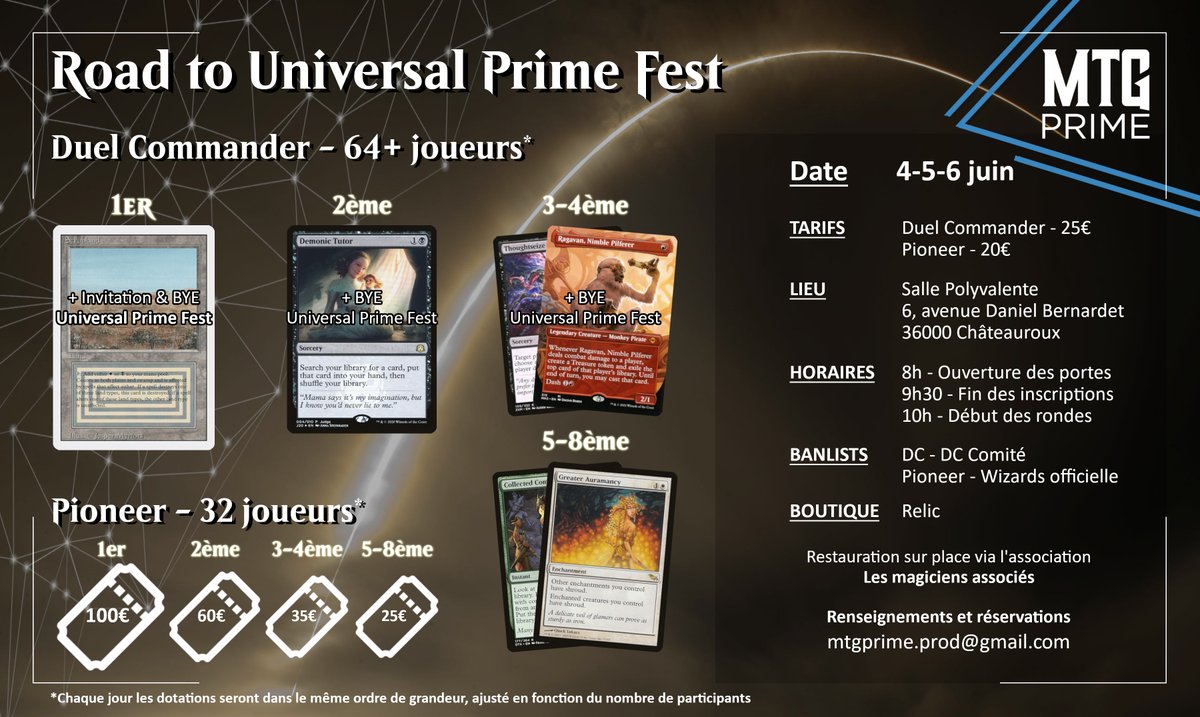 [𝗧𝗢𝗨𝗥𝗡𝗢𝗜 𝗠𝗧𝗚 𝗣𝗥𝗜𝗠𝗘 - 𝗗𝗨𝗘𝗟 𝗖𝗢𝗠𝗠𝗔𝗡𝗗𝗘𝗥]

 👥 Joueurs 
- 80 en Duel commander
- 32 en Pioneer

ℹ️Plus d'information concernant le tournoi, c'est ici 
👇
fb.me/e/1UIn2BFM2

#MTG #MagicTheGathering