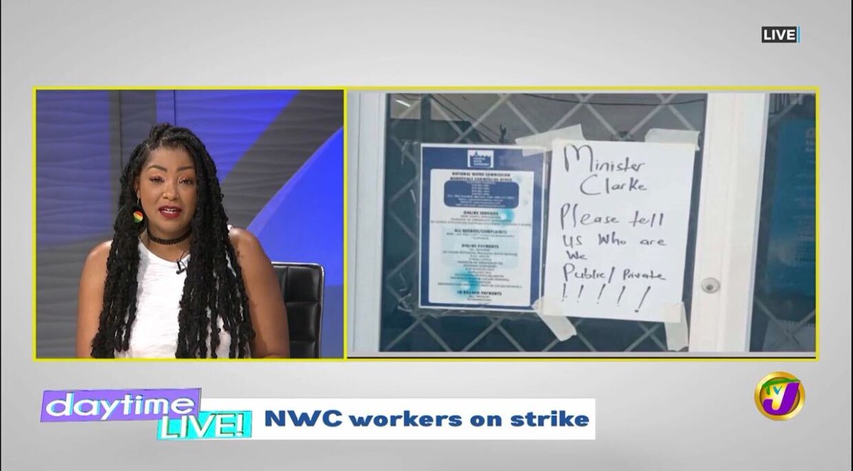televisionjam1's tweet photo. More than 2,000 workers at the National Water Commission (NWC) are reportedly on strike over an outstanding reclassification exercise as well as the ongoing public sector compensation review.
#TVJDTL #daytimeLIVE #TVJDaytimeLive https://t.co/5dKEdpNSW1