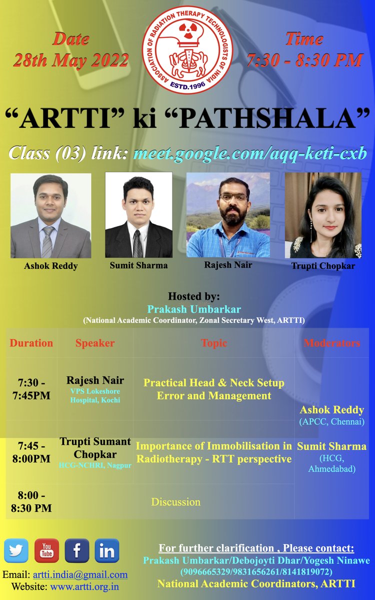 arttindia's tweet photo. "ARTTI ki PATHSHALA" - CLASS 3
Saturday, May 28 · 7:30 – 8:30pm
Google Meet joining info
Video call link: https://t.co/ekpsx8VGwC
Thank you  
With regards 
ARTTI  
For further clarification , 
Please contact: Prakash Umbarkar &amp; Debojoyti Dhar 
National Academic Coordinators,ARTTI https://t.co/8iq3sDiyyl