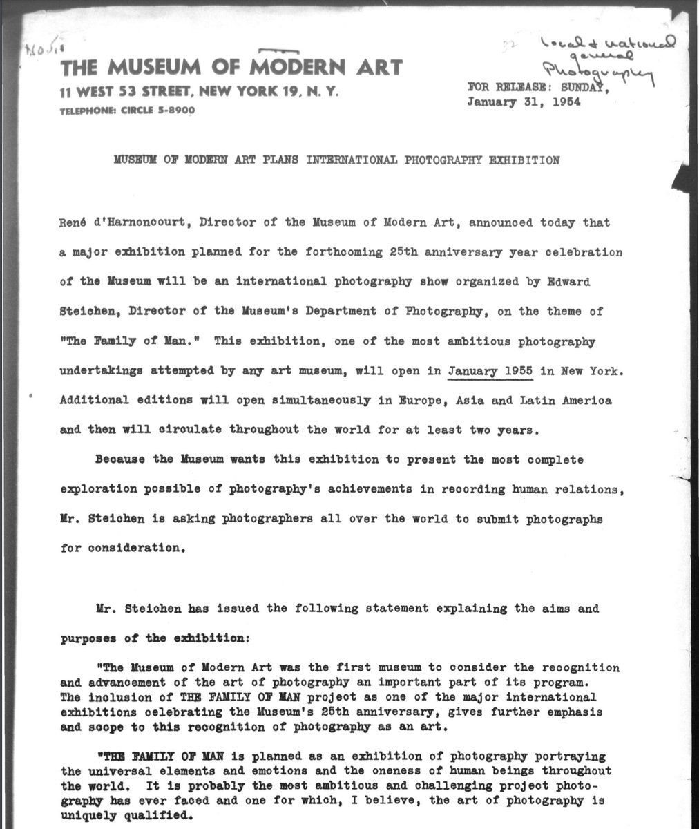 The Family of Man call for works. Photographers in 1954 had 2 months to shoot (on film) develop, print, ship to NY to be considered for this exhibition (February 1st to April 10th 1954). Here is the letter from Edward Steichen. A massive effort from photographers at the time.