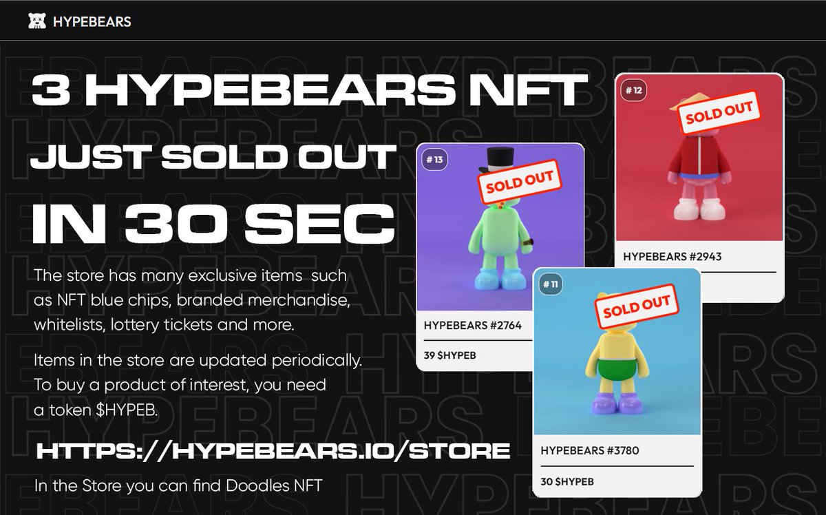 Poolpad888's tweet photo. 🚨Incredible news!🚨

Everyone is buying up in the @hypebearsclub Store by @jpegenthusiast_ in a matter of seconds🚀!
This happened with the #HYPEBEARS NFT, which were bought for $HypeB in 30 sec🔥

Have you already bought something in the store🛒?

#NFTCommunity #NFTAirdrop #NFT https://t.co/Ye5aGfPJEk