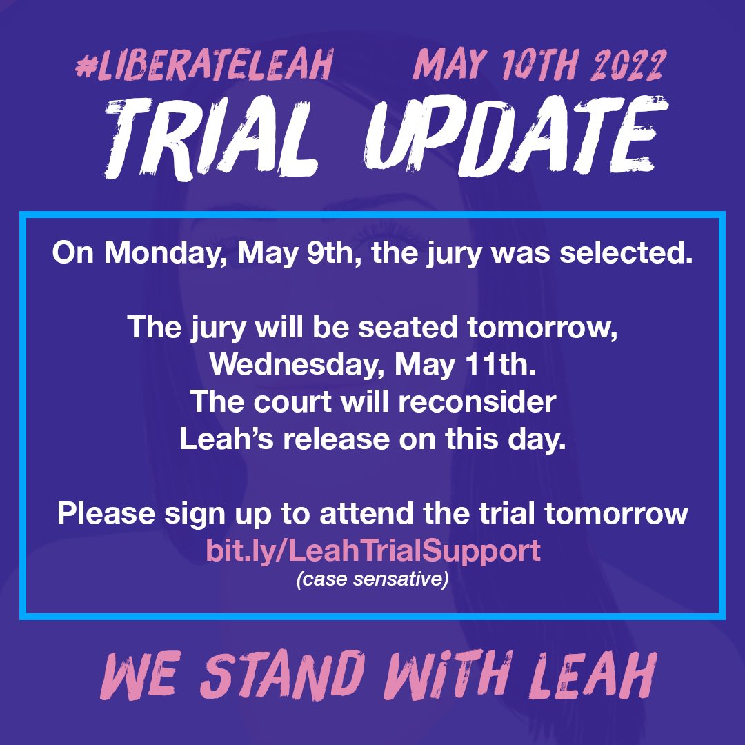 The jury will be seated tomorrow and the court will reconsider releasing Leah from custody for the rest of the trial. We need supporters to join us at trial to show the prosecutor that they cannot criminalize and disappear survivors. RSVP bit.ly/LeahTrialSuppo… #DomesticViolence