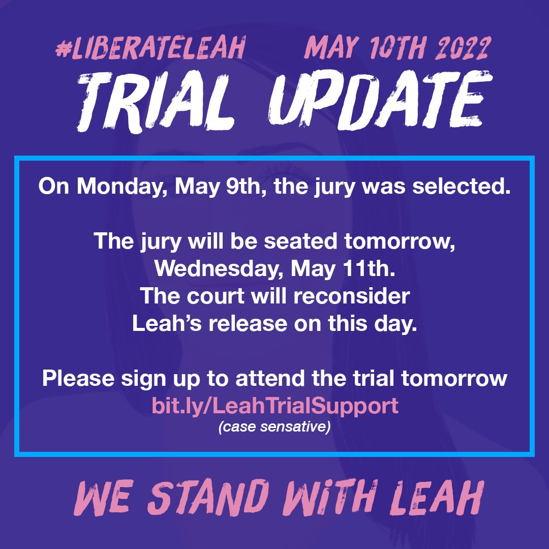 liberateleah's tweet photo. The jury will be seated tomorrow and the court will reconsider releasing Leah from custody for the rest of the trial. We need supporters to join us at trial to show the prosecutor that they cannot criminalize and disappear survivors. RSVP https://t.co/PhPzQLqj3h #DomesticViolence https://t.co/zDhh7hUmFY
