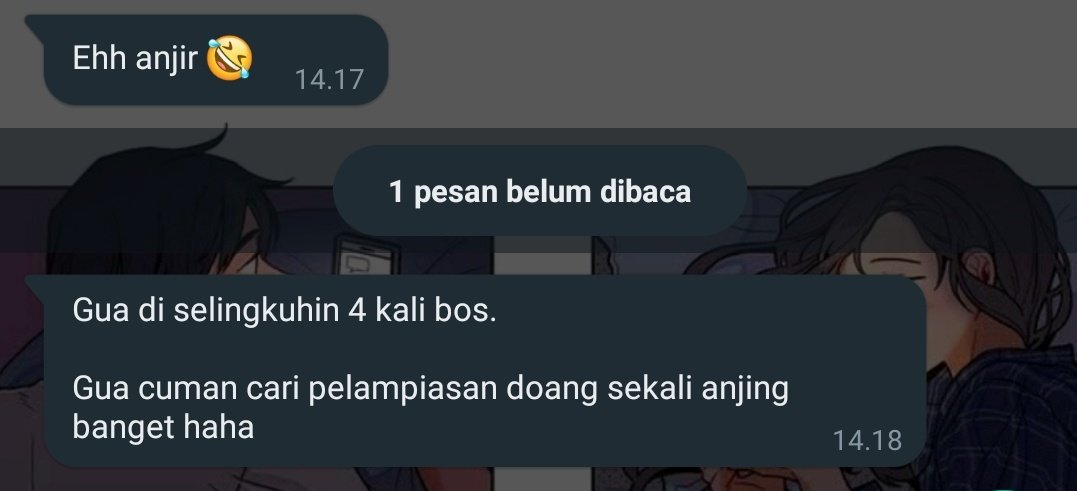 part 4:
ternyata dia emg pemain, ga kaget sih. cuma jadi nambah kesel aja, sok bener bgt ucapannya. bnyk deh kata2 dia yg sok ngajarin gue buat jaga hati. gue jg pernah salah tp ttp liat sikon, gamau ngerusak hubungan org lain. tp dia malah dgn pedenya berucap di part 2.