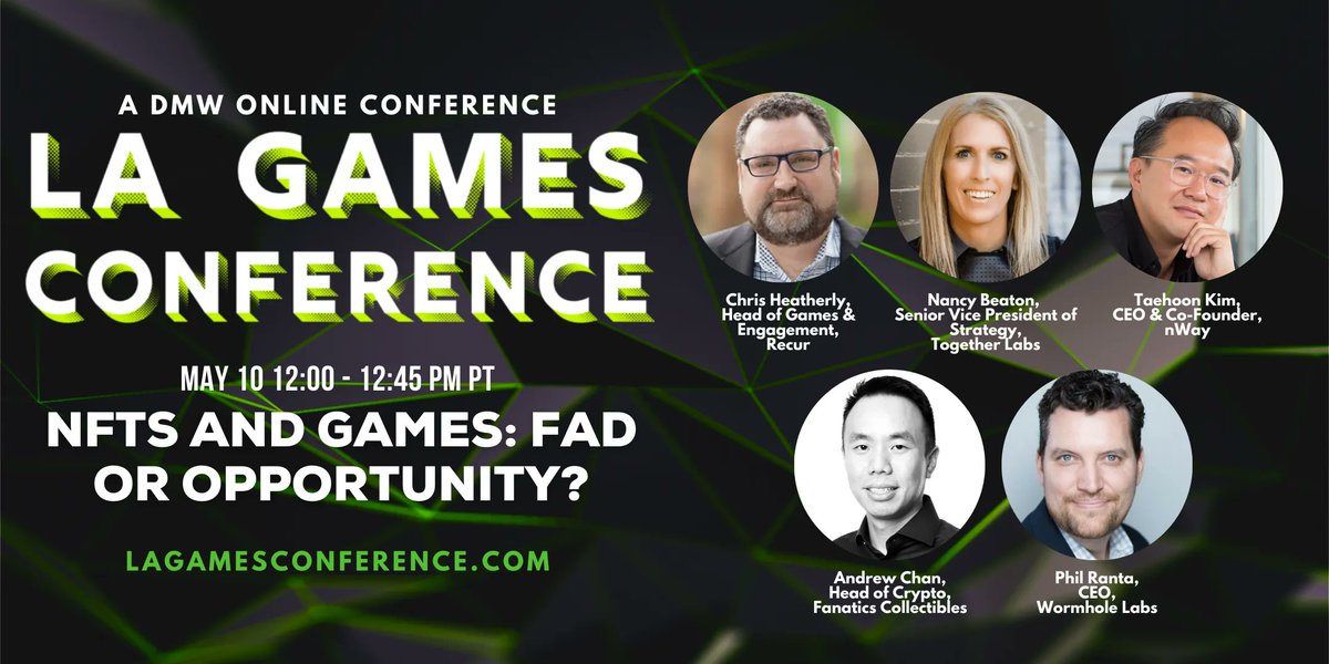 dmwevents's tweet photo. Join the discussion about NFTs and Games with @RecurForever, Together Labs, @nWayGames/@nWayPlayNFT, @Fanatics, and @Wormhole. #LAGC2022 Register now: https://t.co/OwN11Mb9ht https://t.co/M1XEmw2VhS