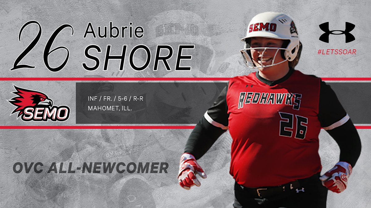 SEMOsoftball's tweet photo. OVC ALL-NEWCOMER first baseman Aubrie Shore is the Redhawks second-leading hitter as a freshman. Shore is second on the team with nine home runs and boasts a .320 batting average. She also leads the team with 34 RBI. https://t.co/j1PNKShzQC