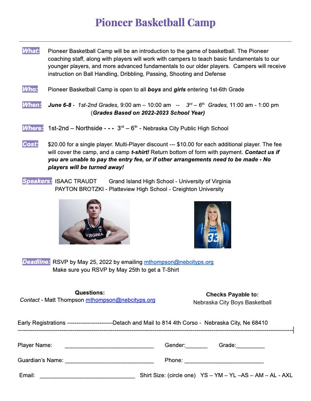 NCBoysHoops's tweet photo. Bball camp is set! Payton Brotzki from Creighton! Fresh of a NCAA tourney run and Isaac Traudt one of the top HS players in the country heading to the University of Virginia will join us.  RSVP by emailing  mthompson@nebcityps.org
#PiONEerfamily https://t.co/Z8KT0ZvNGD