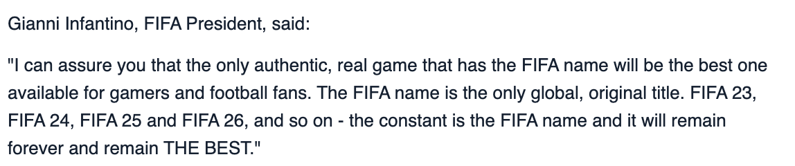I realise it's not Gianni Infantino's job to understand how video games work... but someone at FIFA really should be vetting quotes like this for press releases 😵‍💫

Hopefully this isn't *actually* FIFA's POV - because EA is going to run rings around them if so 😬