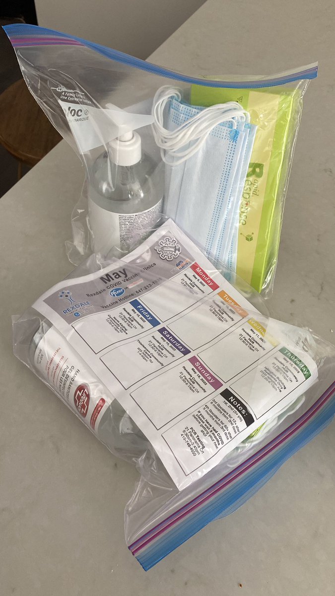 COVID is very much still present. Was so happy to break up my study day with a knock on my door from <a href="/Rexdalechc/">Rexdale Community Health Centre</a> with a delivery of rapid tests, masks, sanitizer, and information on vaccine clinics and testing 👏🏽