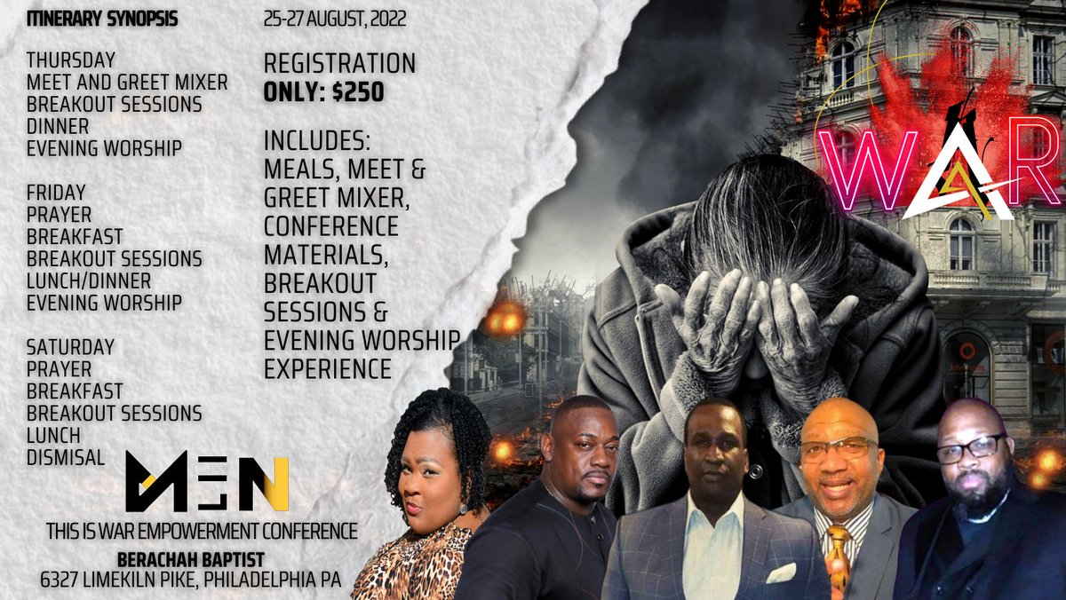 coachrobinj's tweet photo. SAVE THE DATES 
MEN THIS IS WAR EMPOWERMENT CONFERENCE 
➡️Dates: 
Aug 25th-27th
➡️Venue:
Berachah Baptist Church  
6327 Limekiln Pike 
Philadelphia Pa 19138
➡️Registration opens:
May 12th
➡️300 men gearing up for WAR! 
#men #THIS #is #war #empowerment #conference https://t.co/pu4wHagnMn