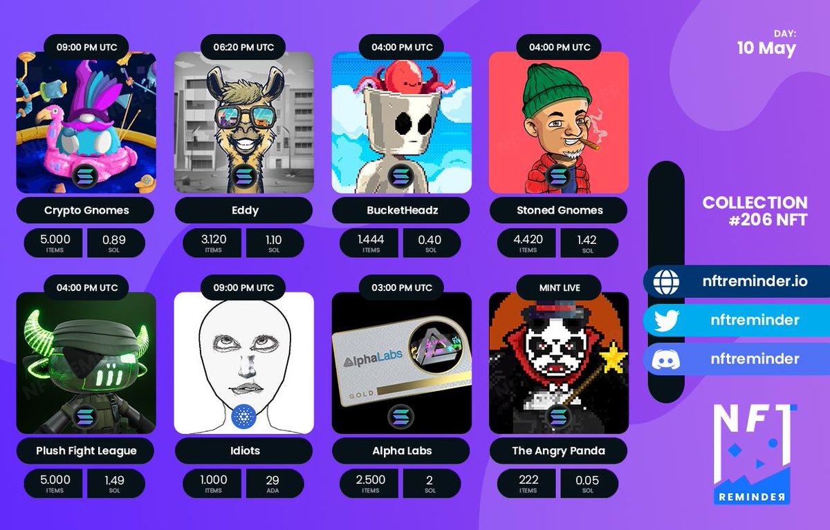 Daily NFT Collections 💪 (10 MAY 2022)

🔹 <a href="/Crypto_Gnomes/">Crypto Gnomes | NOT DONE YET</a>
🔹 <a href="/EddycityNFT/">Eddy || Mint LIVE</a>
🔹 <a href="/BucketHeadzNFT/">BucketHeadz</a>
🔹 <a href="/StonedGnomes/">Stoned Gnomes</a>
🔹 <a href="/PlushFightGame/">Plush Fight League</a>
🔹 <a href="/Idiots_NFTs/">idiots | Mint date soon</a>
🔹 <a href="/AlphaLabs_NFT/">Alpha Labs - Best-in-class KYC and Doxxing</a>
🔹 <a href="/TheAngryPanda__/">The Angry Pandas 🐼( SOLD OUT)</a>

#NFT #NFTCommunity #NFTCollector #NFTs