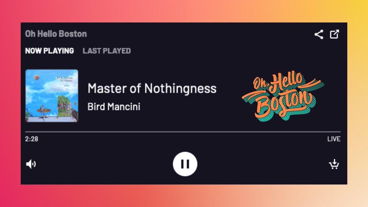 Oh, hello, @BirdMancini.
'Master of Nothingness' on 𝑇ℎ𝑒 𝑂𝑛𝑒 𝐷𝑒𝑙𝑖𝑔ℎ𝑡
📻 OhHelloBoston.com
 
See them perform on Friday, May 20th at @sqrootrozzie in Roslindale.